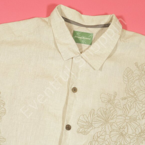 Tommy Bahama Linen Shirt Mens L Tan Embroidered Floral Camp - Picture 1 of 5